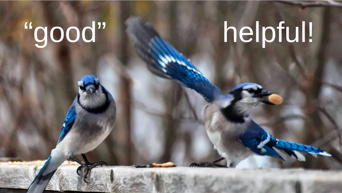 Two blue jays, one looking drab and disgruntled under the word good. The second blue jay has wings outstretched as if showing off under the word helpful